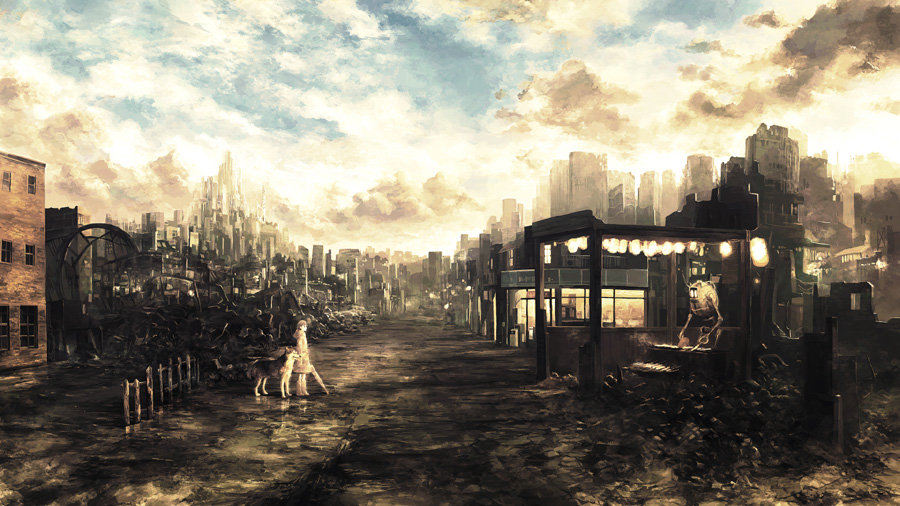 Illustration (City, Girl, Ruin) Dog Wallpaper